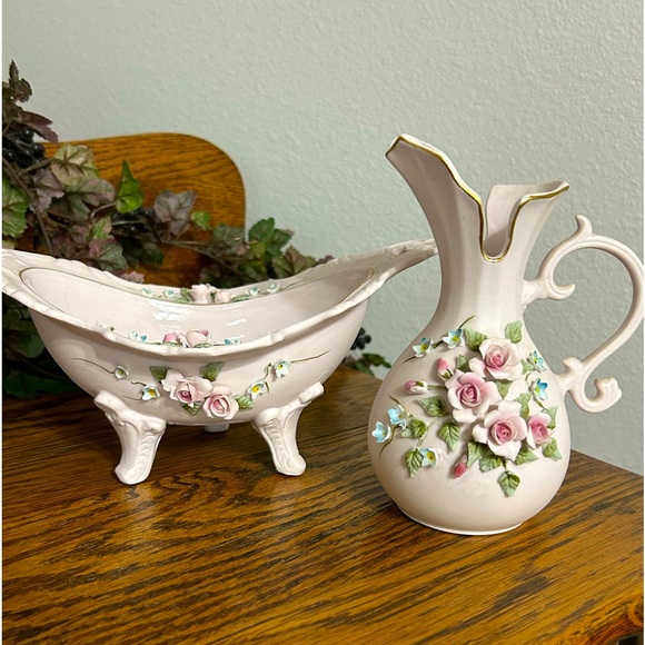 Vintage Lefton China Hand-Painted Flower Bud Vase 1186 and Candy Dish 1779 Set - Picture 1 of 17
